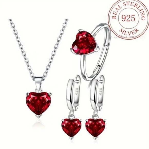 Jewelry - Sterling Silver 925 Red Heart Necklace, Earrings and Ring Set NWT